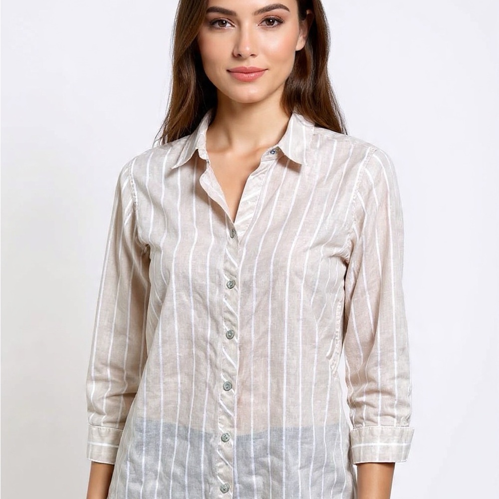 Chico's 100% Linen Beige White Striped Tunic Shirt Size 1 US 8/10 M